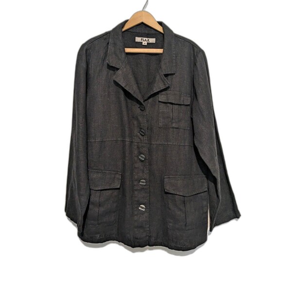 FLAX Heavyweight Linen Tunic Jacket Black S Cargo Pocket Button Front - Picture 1 of 4